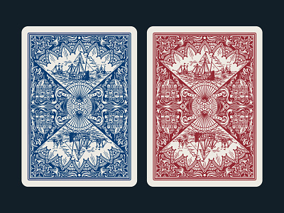 Pioneers Playing Cards Back Design adventure america boats classical detailed exploration flourish hand drawn illustration magic ocean ornate playing cards product design retro sailing ships symmetrical vintage